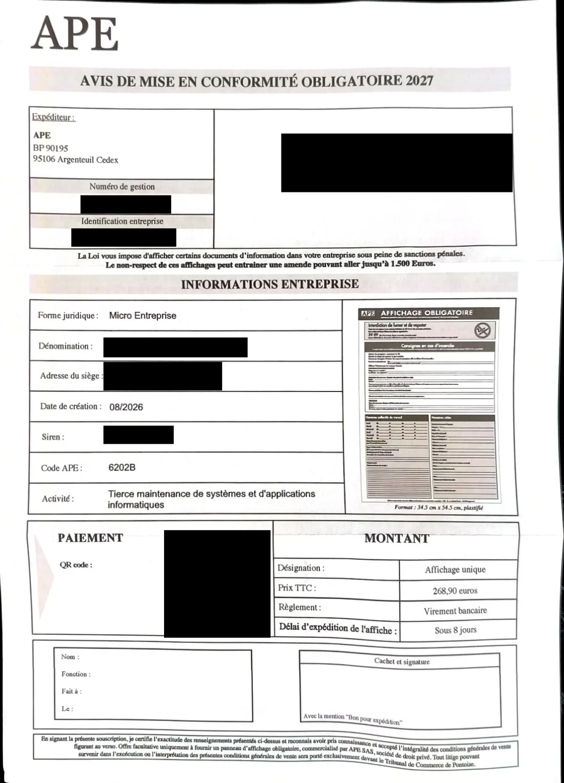 Courrier à en-tête APE intitulé « Avis de mise en conformité obligatoire 2027 » : encadré d’informations sur l’entreprise, image d’une affiche, montant de 268,90 euros TTC, règlement par virement, cadre de signature. Les données du destinataire sont masquées en noir.