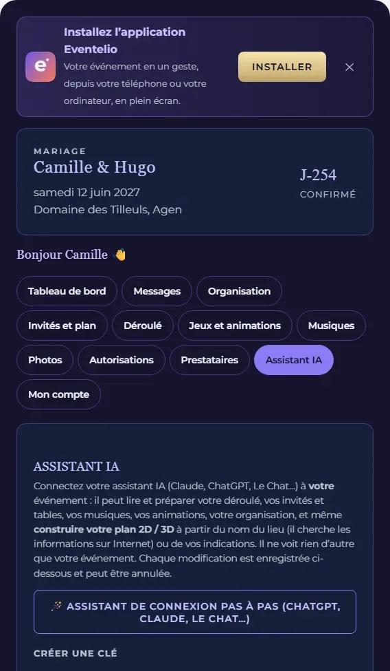 Écran «&nbsp;Assistant IA&nbsp;» de l’espace client Eventelio&nbsp;: le texte explique que l’on connecte son propre assistant (Claude, ChatGPT, Le Chat…) à l’événement, qu’il ne voit rien d’autre et que chaque modification peut être annulée.