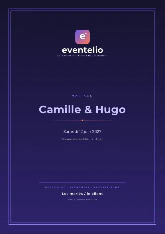 Couverture du dossier PDF généré par Eventelio pour l’événement de démonstration, un mariage le 12&nbsp;juin 2027&nbsp;: logo, nom de l’événement, date, lieu et mention «&nbsp;préparé pour les mariés / le client&nbsp;».