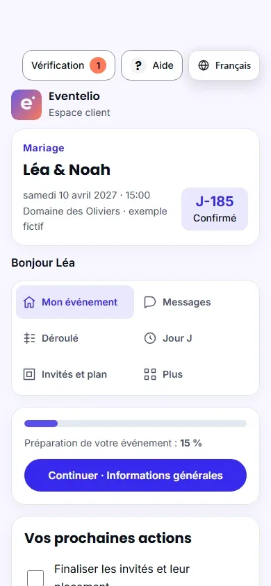 Espace client Eventelio sur un téléphone&nbsp;: l’événement de démonstration à J-185, les raccourcis Mon événement, Messages, Déroulé, Jour J, Invités et plan, et la préparation à 15&nbsp;%.