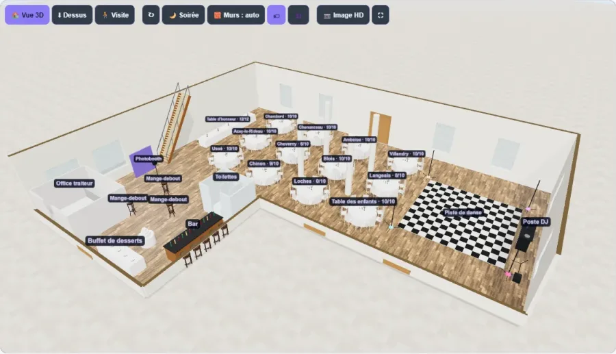 Plan en 3D d’une salle de réception en L dans Eventelio&nbsp;: une douzaine de tables rondes nommées d’après des châteaux de la Loire, la table d’honneur, la table des enfants, la piste de danse en damier, le poste DJ, le bar, le buffet de desserts, l’office traiteur et le photobooth.