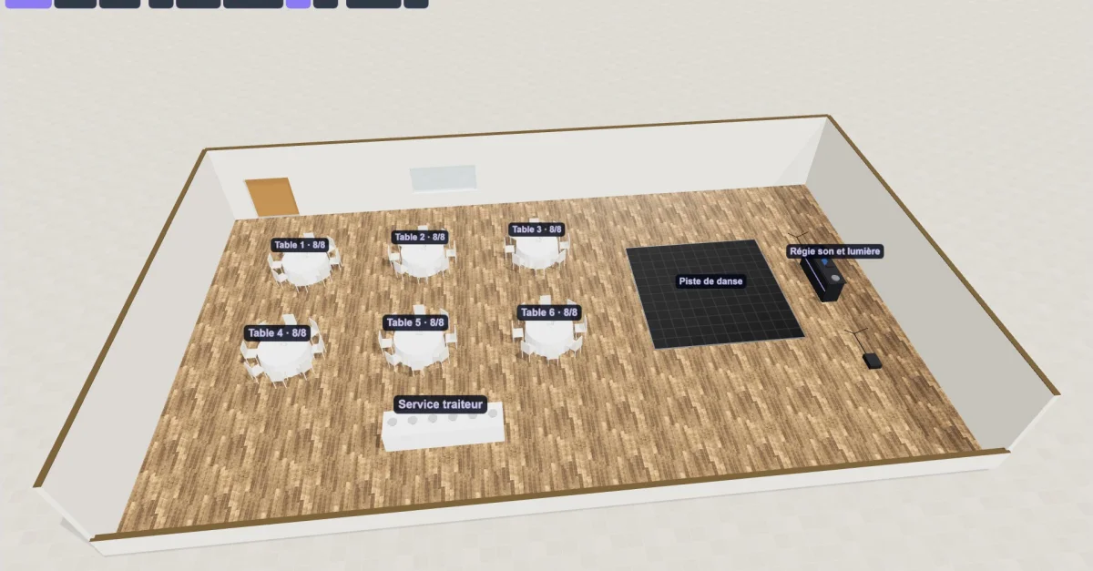 Vue 3D d’une salle de réception dans Eventelio : six tables rondes de huit convives, la piste de danse, la régie son et lumière et le service traiteur (événement de démonstration)