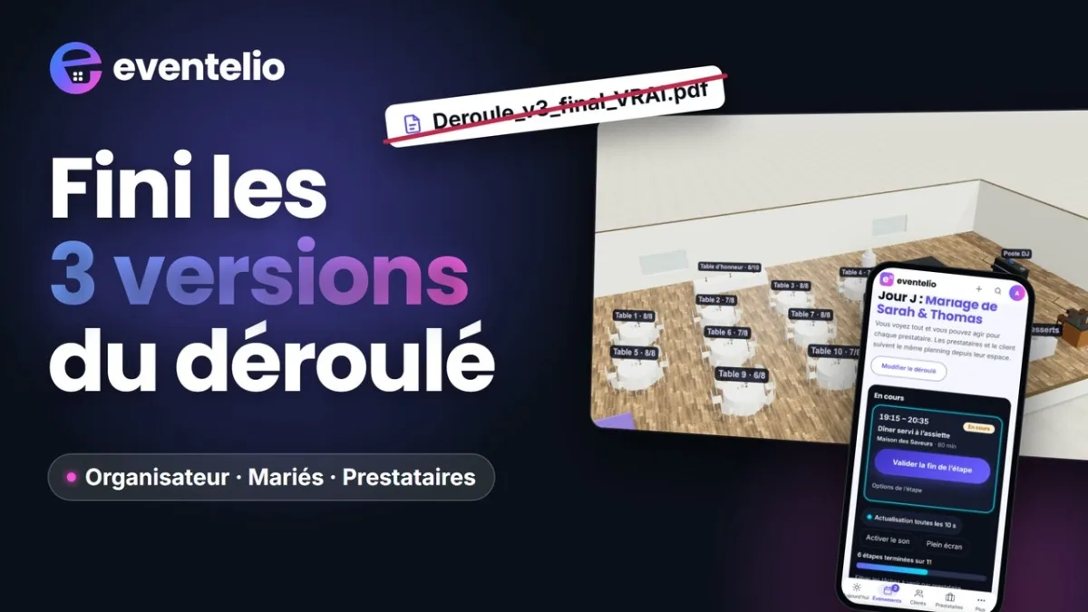 Vignette de la vidéo «&nbsp;Fini les 3 versions du déroulé&nbsp;»&nbsp;: le logo Eventelio, un fichier «&nbsp;Deroule_v3_final_VRAI.pdf&nbsp;» barré, une salle de réception en 3D et un téléphone affichant le jour J d’un événement.