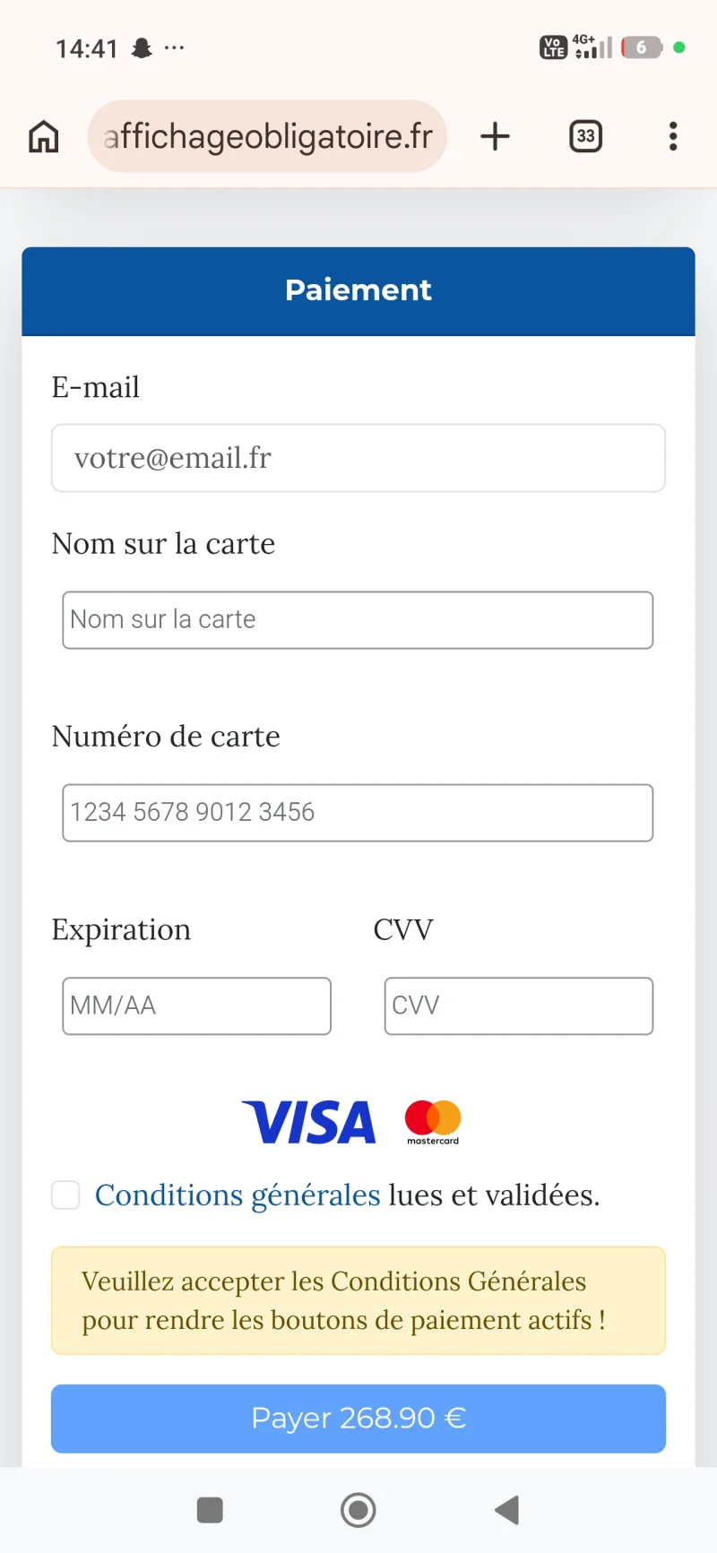 Page de paiement APE : formulaire avec e-mail, nom sur la carte, numéro de carte, date d’expiration, cryptogramme, logos Visa et Mastercard, case « Conditions générales lues et validées » et bouton « Payer 268,90 € ».
