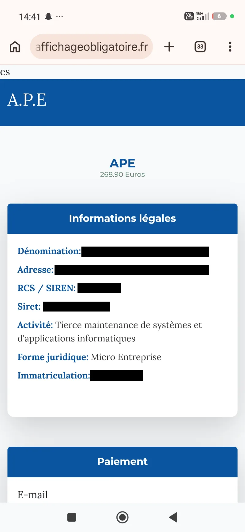 Page de paiement APE sur téléphone : un encadré bleu intitulé « Informations légales » affiche la dénomination, l’adresse, le SIREN, le SIRET et la date d’immatriculation du destinataire, masqués en noir.