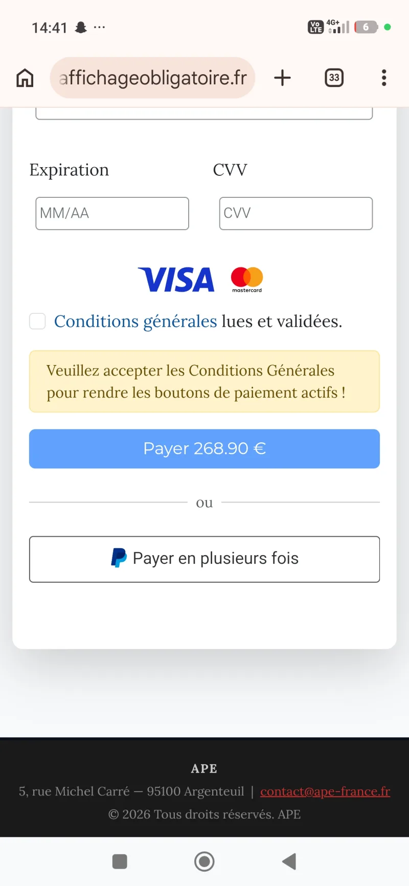 Bas de la page de paiement APE : bouton « Payer en plusieurs fois » avec le logo PayPal, puis un pied de page noir indiquant APE, 5 rue Michel Carré, 95100 Argenteuil, une adresse e-mail en ape-france.fr et « 2026 Tous droits réservés ».