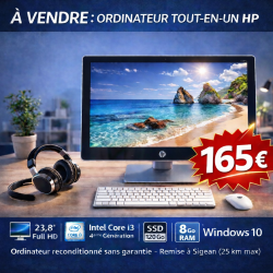 HP Tout-en-Un 23,8" Reconditionné – Core i3 – 8Go RAM – SSD 120Go – Windows 10