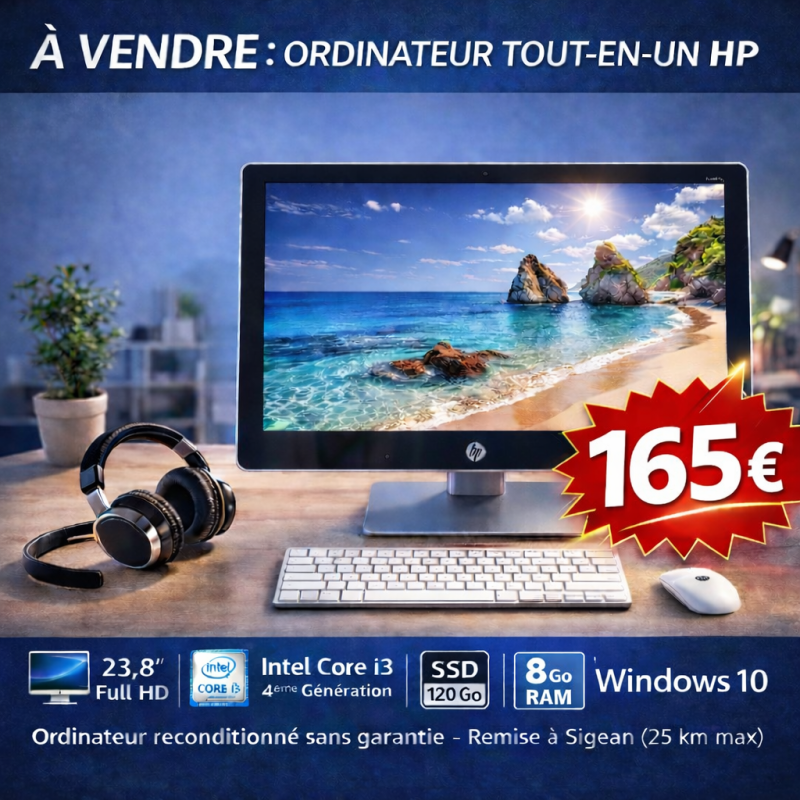 HP Tout-en-Un 23,8" Reconditionné – Core i3 – 8Go RAM – SSD 120Go – Windows 10